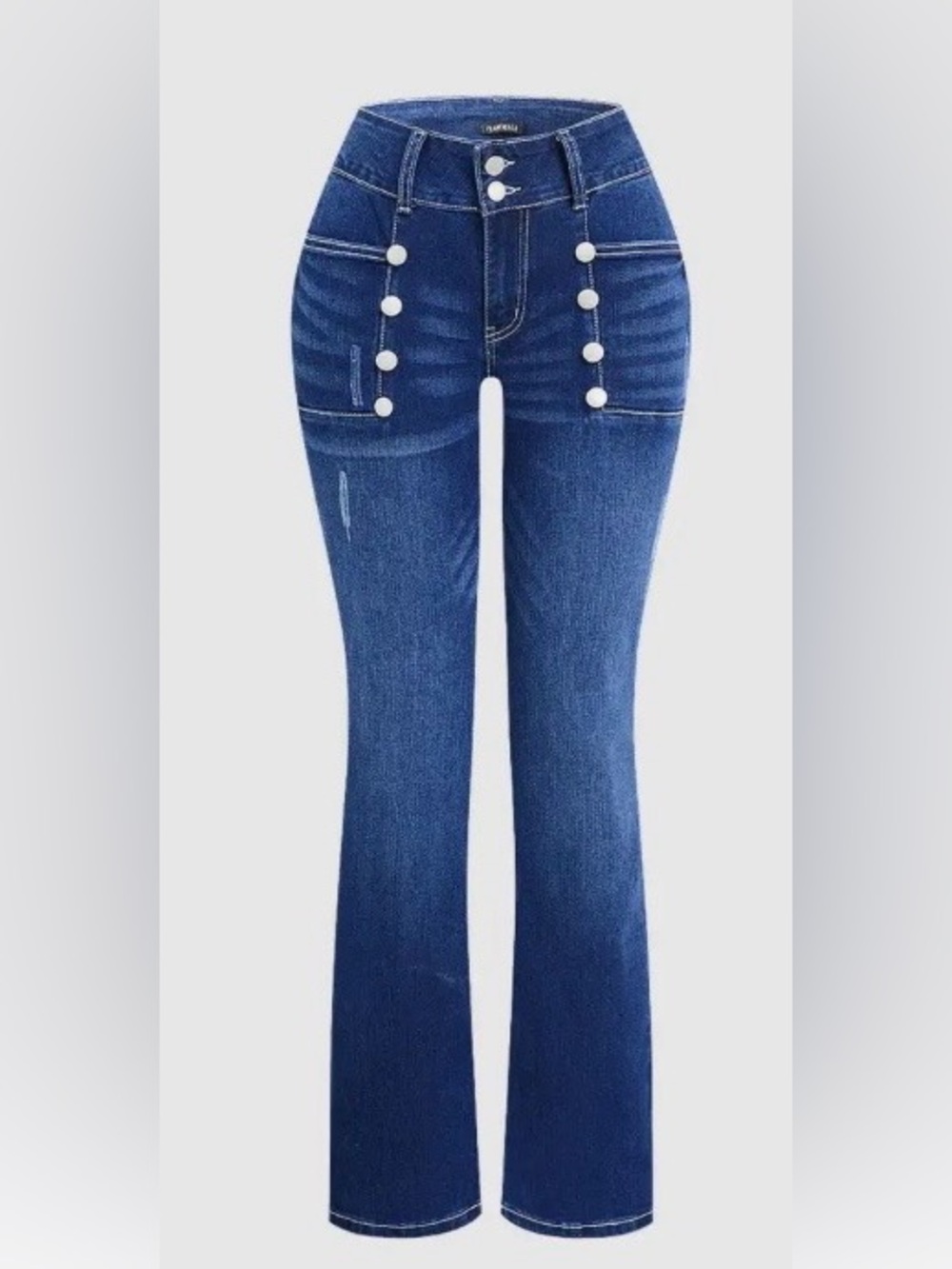 Flamingals Wash Sailor Button Patch Pocket Mid Rise Bootcut Jeans - Picture 4 of 10